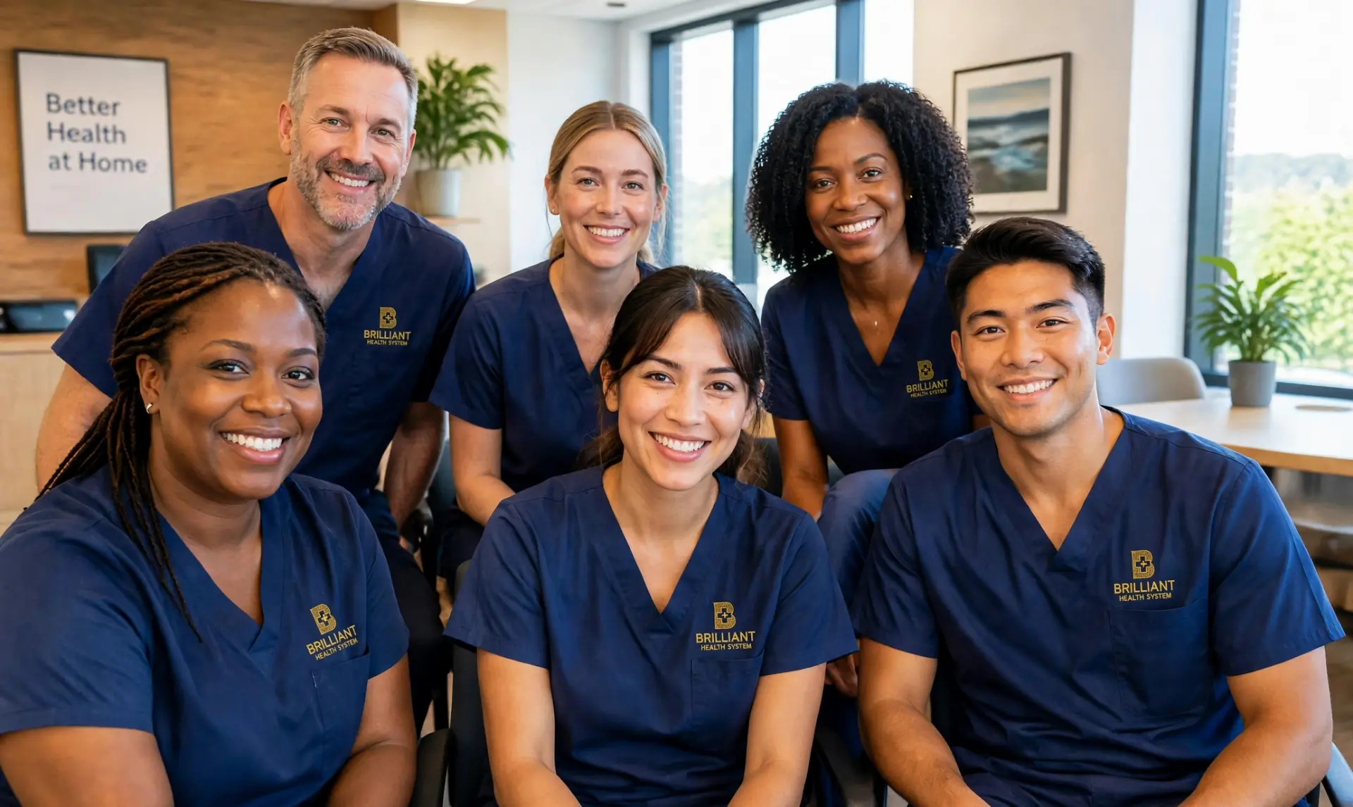 Brilliant Health System clinicians wearing navy scrubs with the company logo