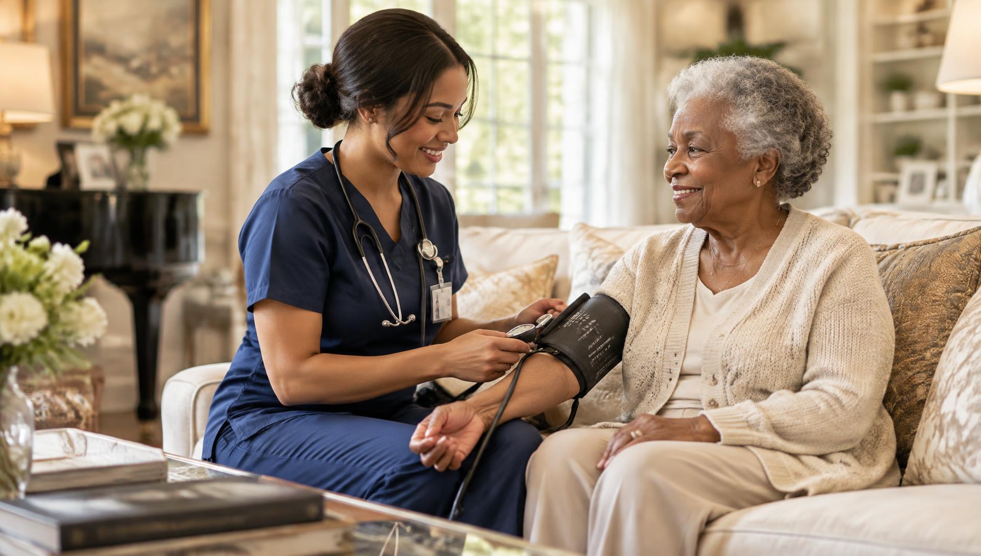 A home health nurse checking a patient's blood pressure in her living room